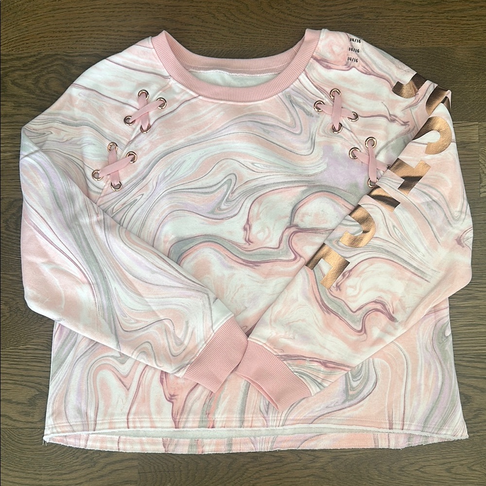 Pink Marble Sweatshirt with Lace-Up Detail